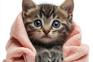 Cute kitten nestled in a pink towel, an Animal Photo by Pixeness Studio