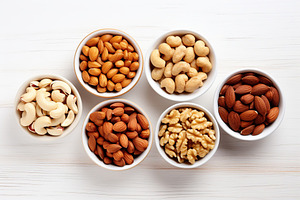 Bowls of hazelnut, cashew and almonds butter on wooden background, a Food & Drink Photo by AlyaAnd