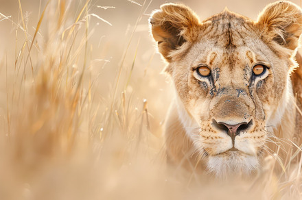 Close-up of a majestic puma with a fierce gaze, sitting in golden grass under w, an Animal Photo by Mashimara