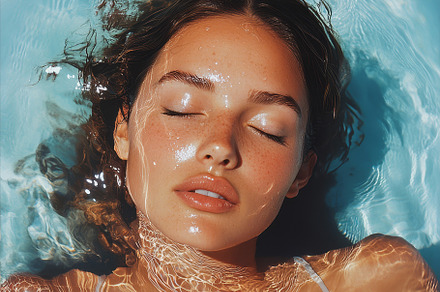 Serene Woman Relaxing in Pool Under the Sun