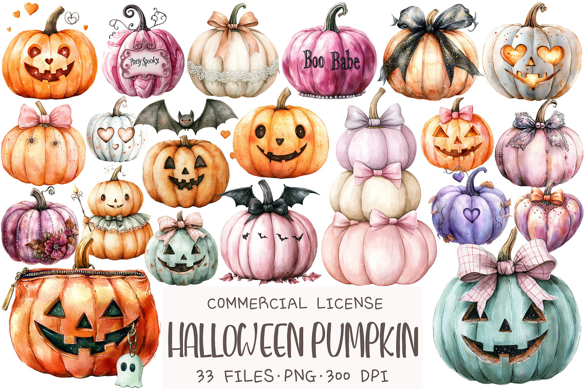 Halloween Coquette Pumpkin Clipart, an Illustration by OK Design (Photo 1 of 5)
