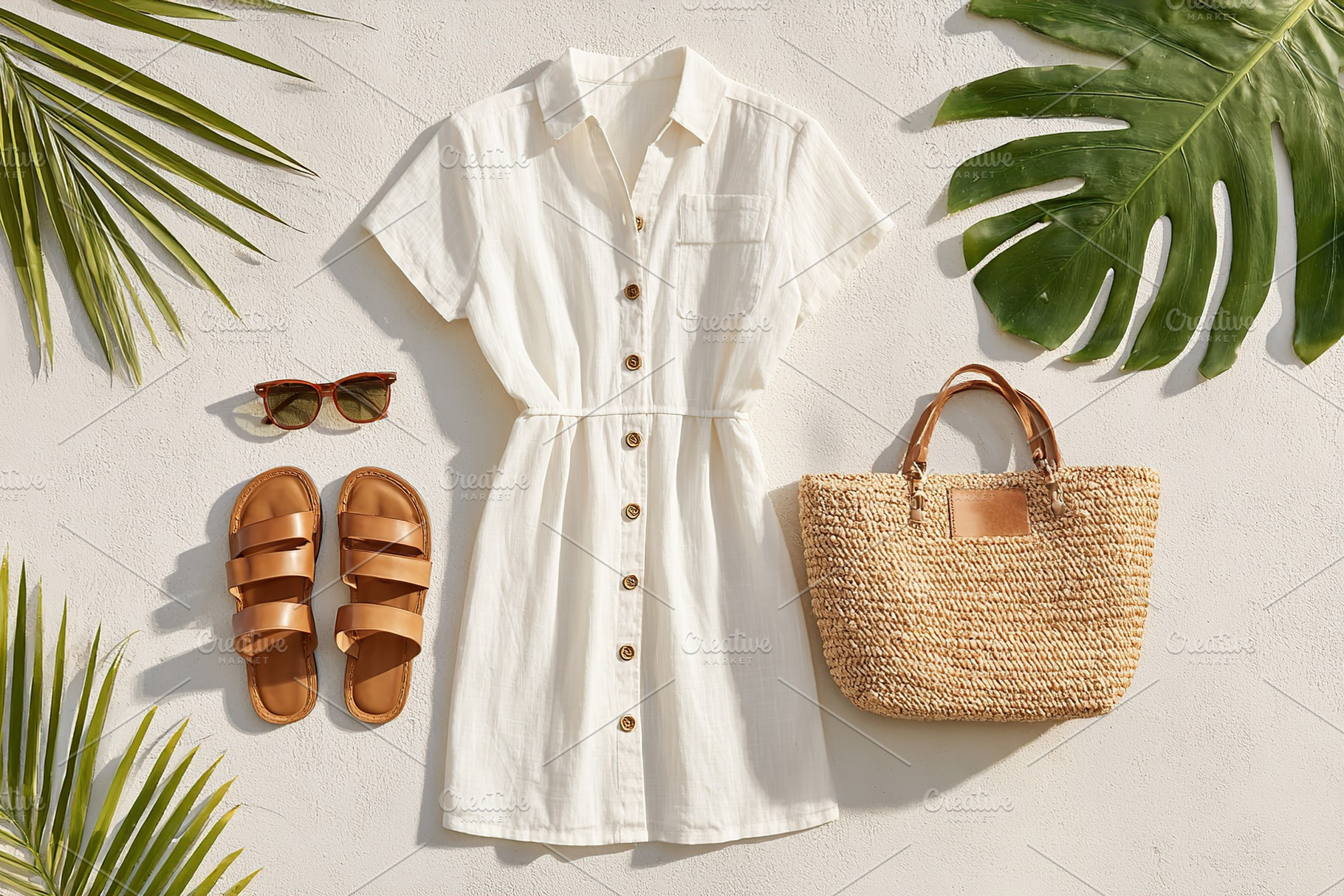 Summer outfit flat lay featuring light cotton dress, sandals, sunglasses, and t, a Beauty & Fashion Photo by AlyaAnd