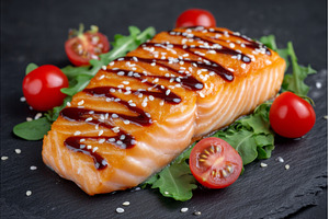 A top view of a salad with salmon, a Food & Drink Photo by ZinetroN