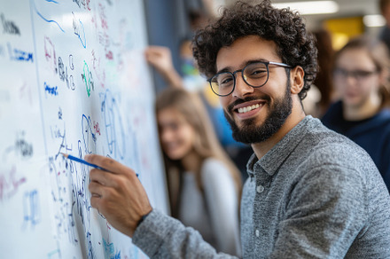Smiling man writing on whiteboard br, a Background Photo by Pixeness