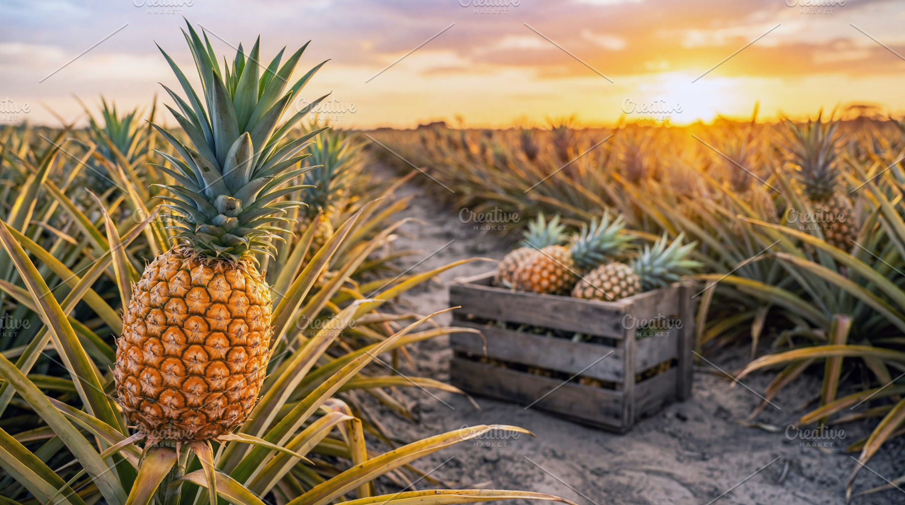 Ripe pineapple growing on a field, a Food & Drink Photo by Volff
