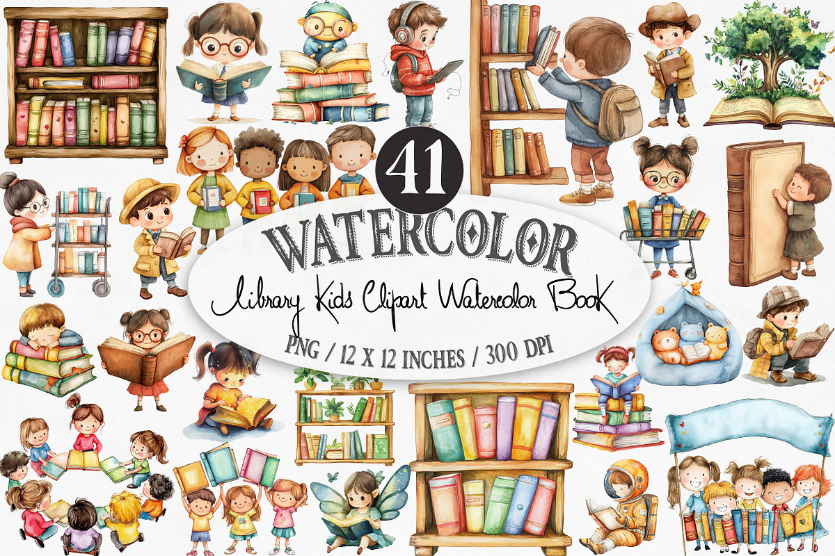 Library Kids Clipart Watercolor Book, an Illustration by Designking (Photo 1 of 4)