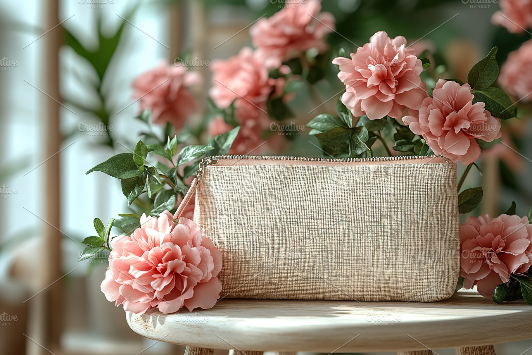 Modern cosmetic bag and spring flowers on small round table, a Beauty & Fashion Photo by AlyaAnd