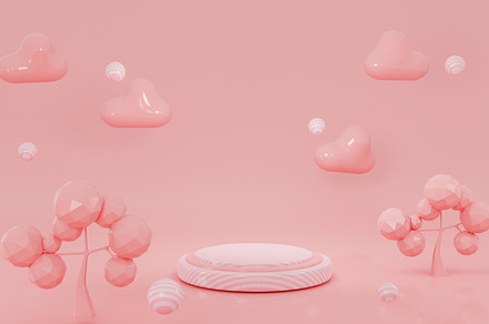 3D cartoon fantasy pink landscape. abstract background with trees and an empty