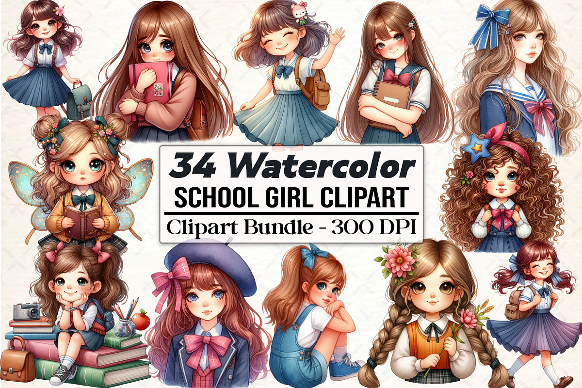 Whimsical School Girl Clipart PNG, an Illustration by DreamCafeArt (Photo 1 of 5)