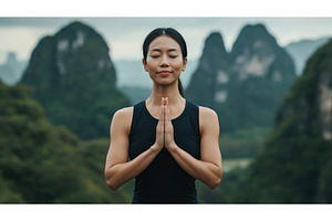 Asian woman practicing yoga with, a Nature Photo by Sergey Kotenev