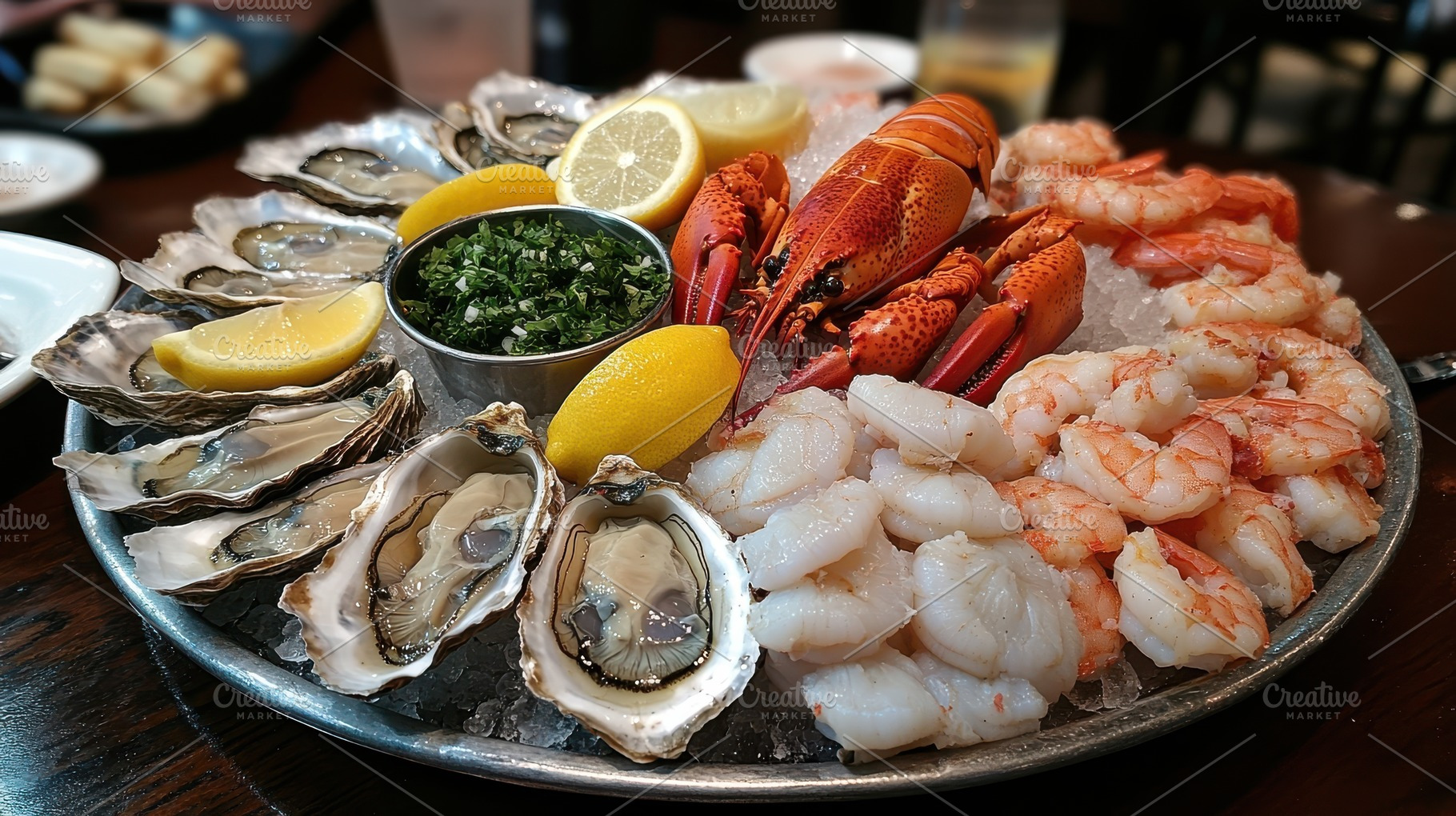 Seafood platter with lobster, oyster, a Food & Drink Photo by Pixeness Studio