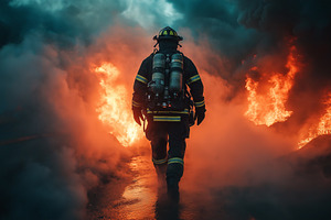 A male firefighter in full gear walks confidently towards flames, embodying bra, a Person Photo by ImageMir
