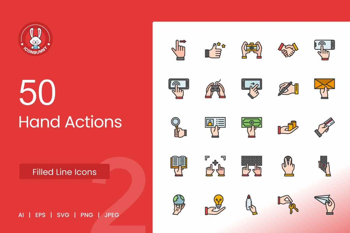 50 Hand Actions Filled Line Icons, an Icon by IconBunny (Photo 1 of 2)