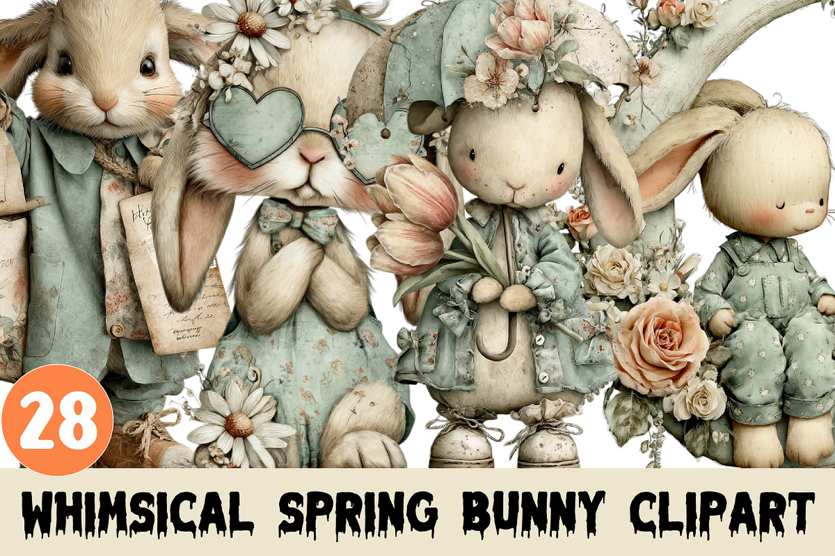 Whimsical Spring Bunny Clipart, a Graphic by CitraGraphics
