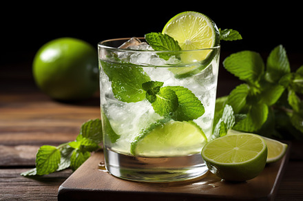 Alcoholic mojito with ice and mint on wooden table, a Food & Drink Photo by AlyaAnd