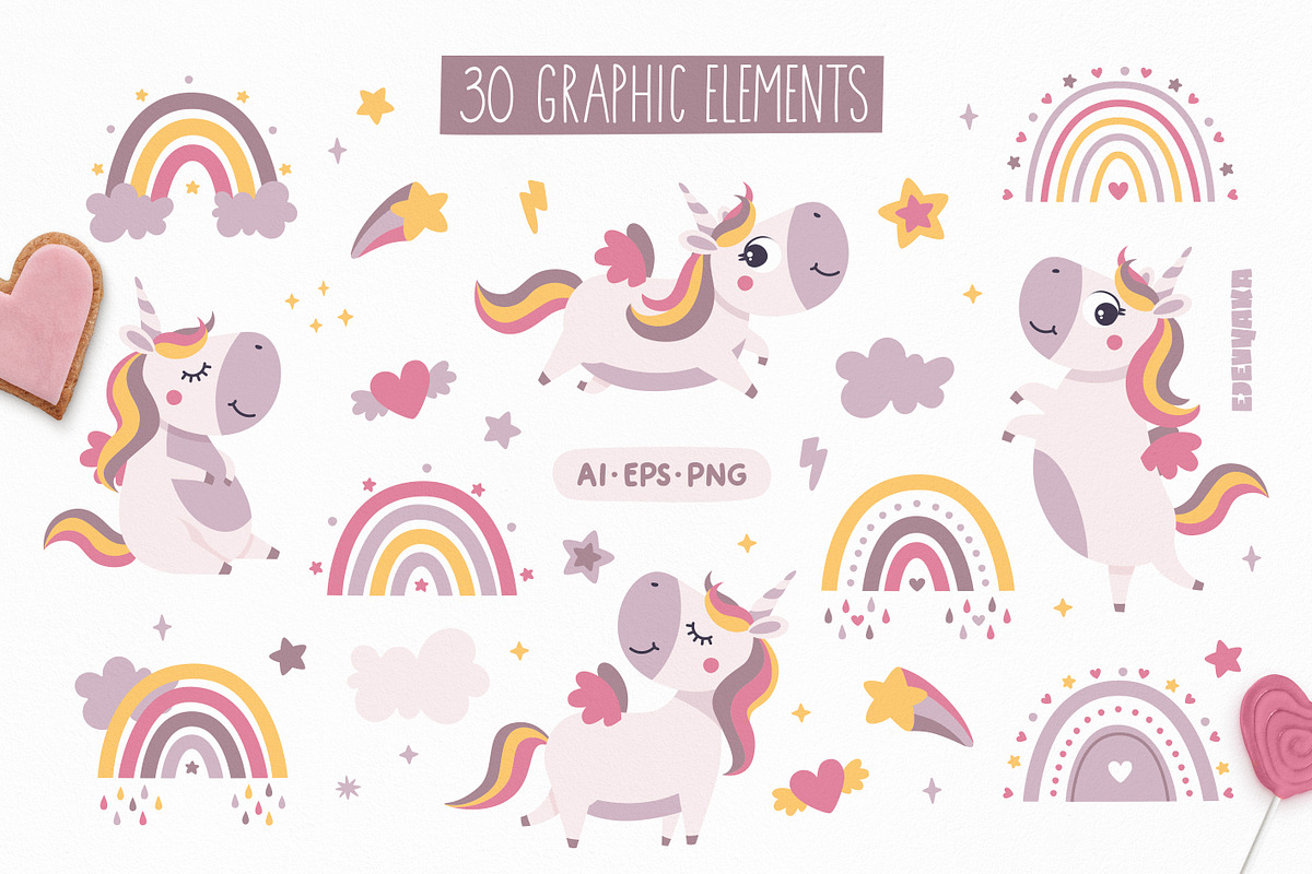 Unicorn Clipart & Rainbow Patterns, an Animal Illustration by Ejevyaka (Photo 2 of 7)