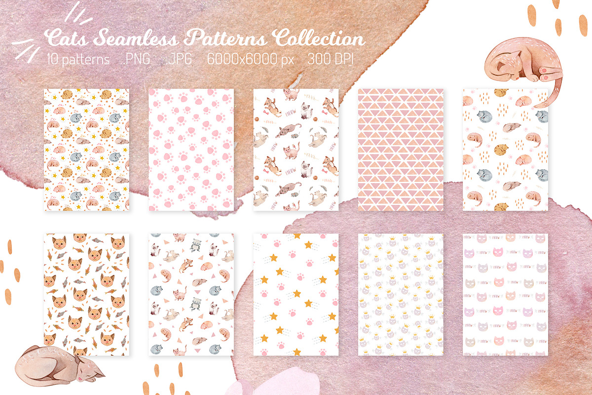 Cats Seamless patterns collection, a Pattern Graphic by Julia M. Watercolor (Photo 1 of 12)