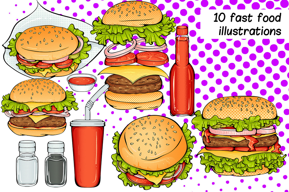 Burgers Collection in Pop Art style, a Food Illustration by ennona_art (Photo 3 of 10)