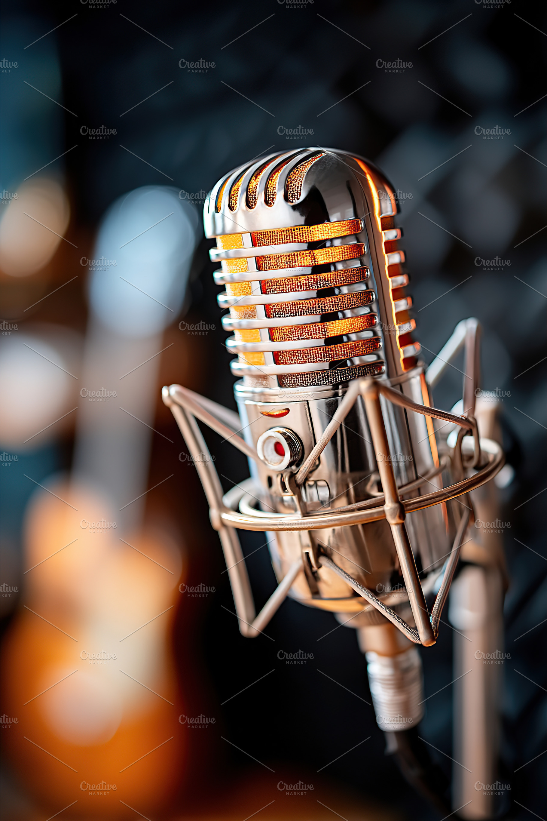 Classic studio microphone in front of blurred acoustic guitar in music recordin, a Technology Photo by AlyaAnd