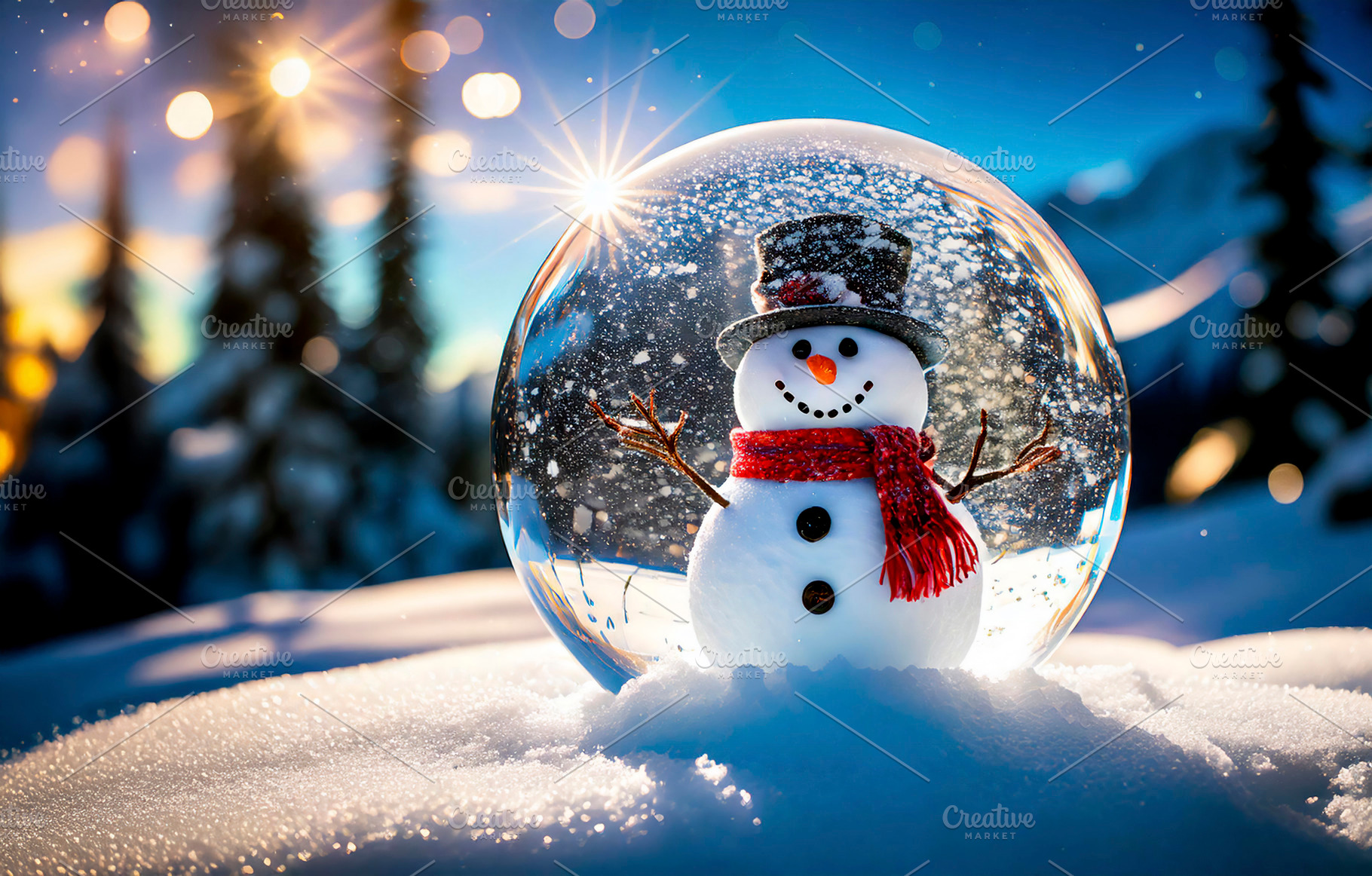 Snowman enclosed in a snow globe outside on snowy mountain, a Nature Photo by Davizro's Market