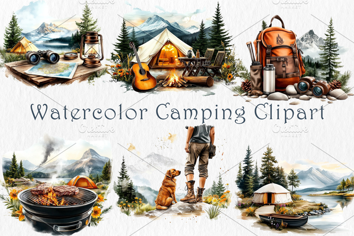 Watercolor Camping Clipart, a Sport Illustration by GalaDesign03 (Photo 1 of 7)