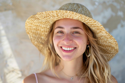 Glowing Seaside Serenity: Woman with Straw Hat Smiling - Generative AI, a Person Photo by José Manuel Gelpi