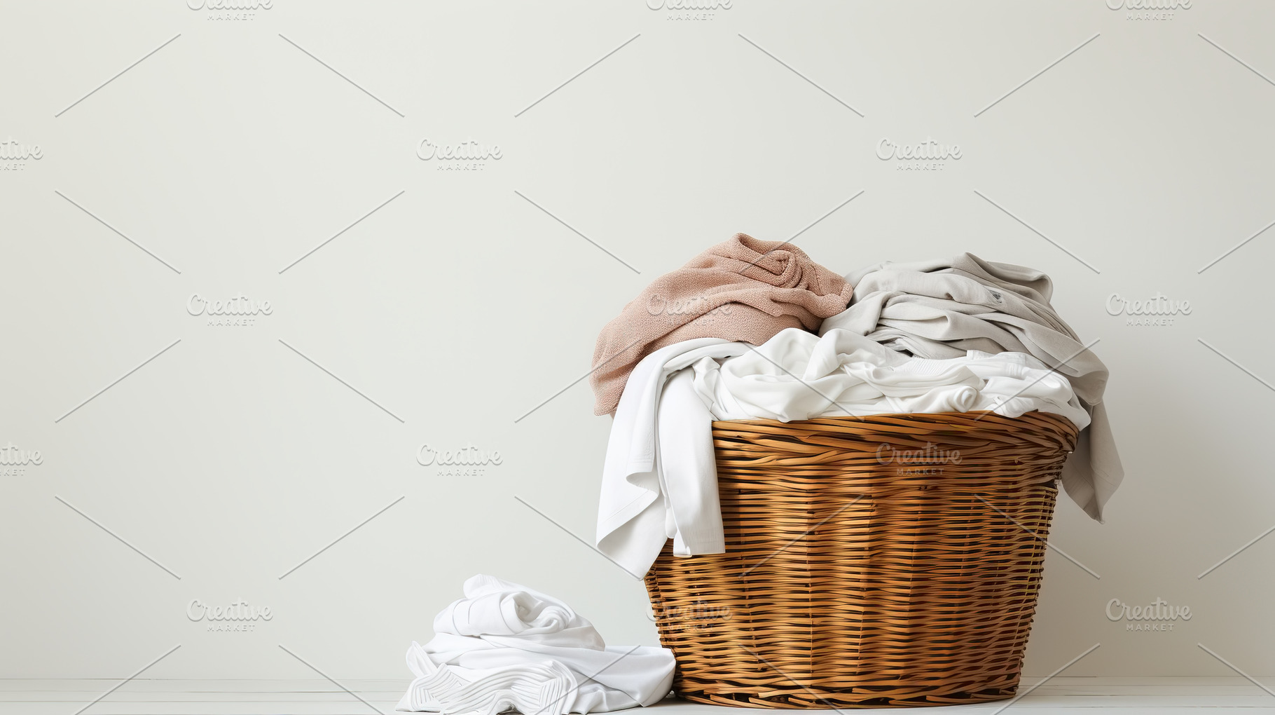 Clothes and blankets in a traditional wicker laundry basket on w, a Beauty & Fashion Photo by Studio Light & Shade