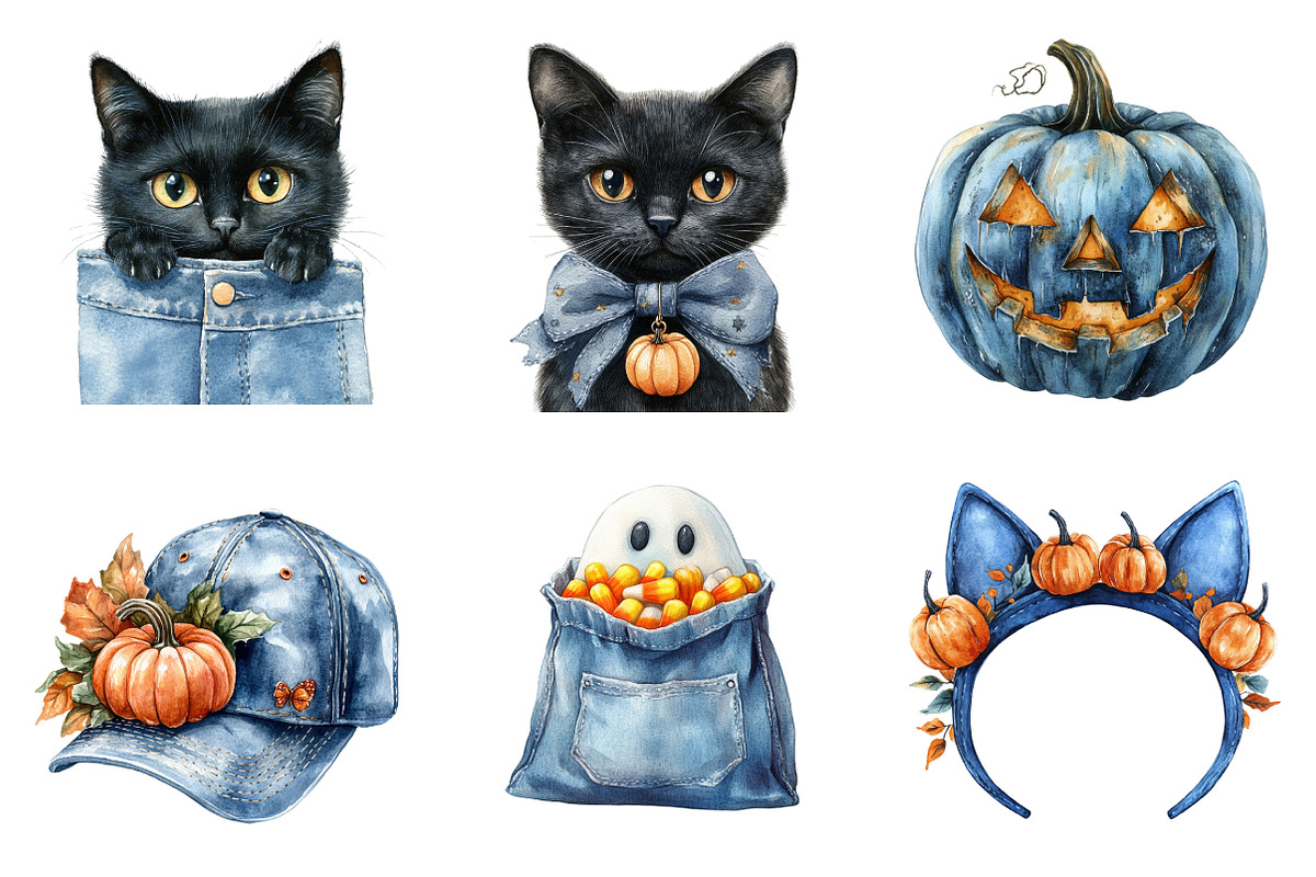 Watercolor Denim Halloween Set PNG, an Illustration by SinaCreation (Photo 3 of 7)