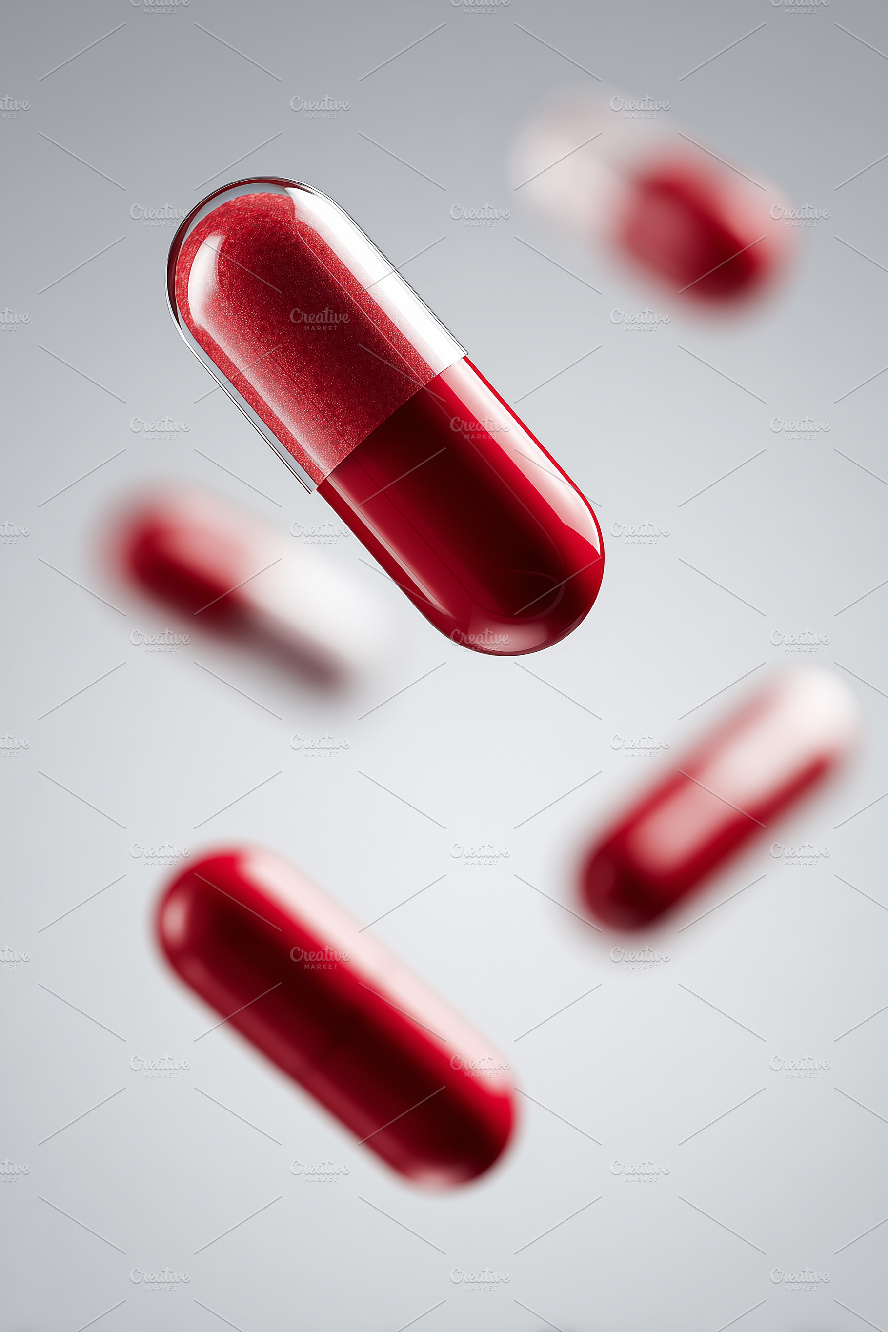 Red and transparent capsules float, a Health & Medical Photo by MistyDay