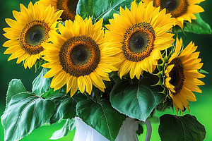 Bright sunflowers arranged in a white ceramic vase on a rustic wooden table out, a Nature Photo by AlyaAnd