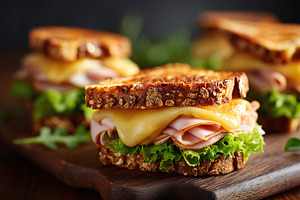 Melted cheese and stacked ham sandwich on whole grain bread, a Food & Drink Photo by AlyaAnd
