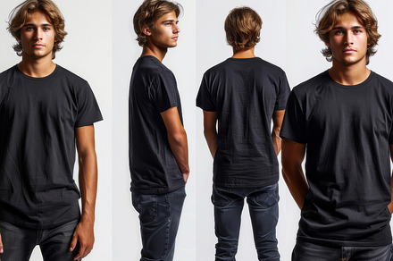 Collage of Man in Black T-Shirt Displaying Multiple Angles on White Background, a Photo by AS photostudio