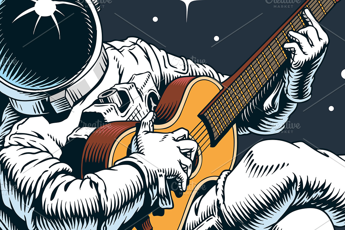 Astronaut playing guitar in space, a Technology Illustration by Ledokolua (Photo 2 of 2)