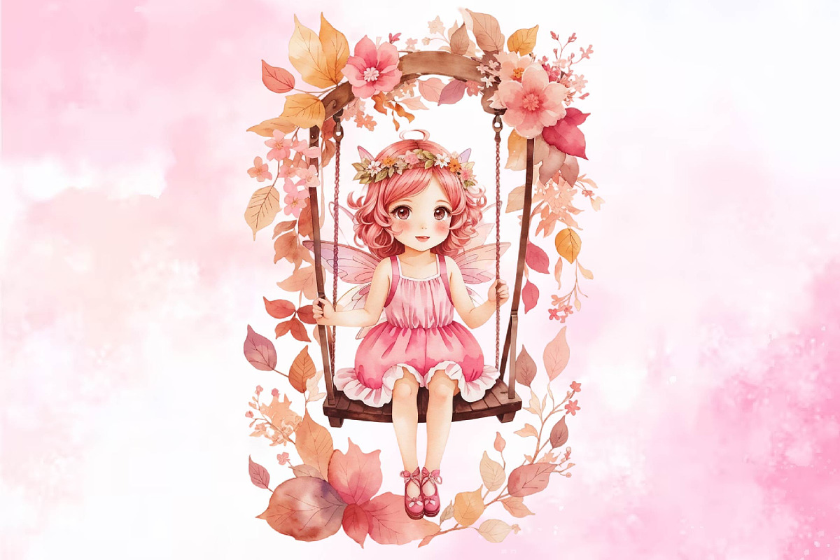 Pink Cute Autumn Fairy with Swing, a Seasonal Illustration by Craft Nest (Photo 5 of 5)