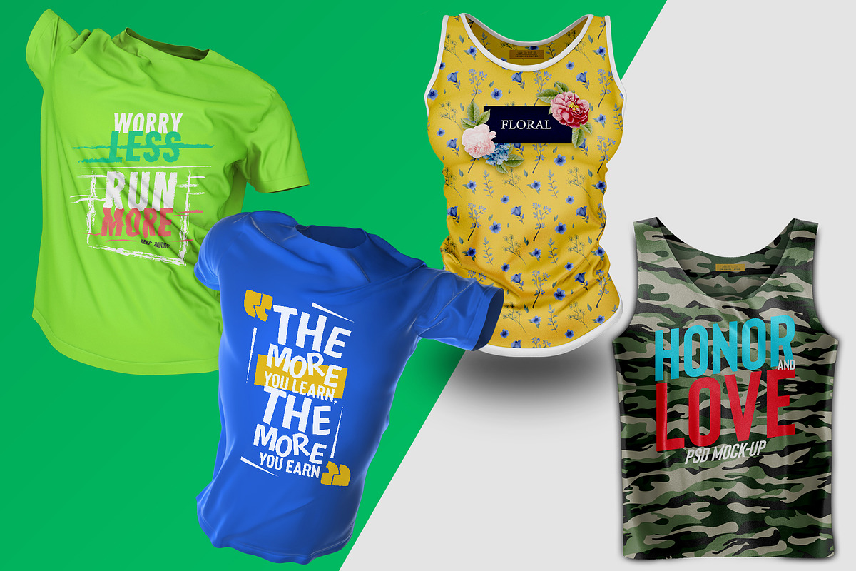 T-Shirt and Tank Top PSD Mockup Set, an Advertising Mockup by Sinlatown (Photo 1 of 7)