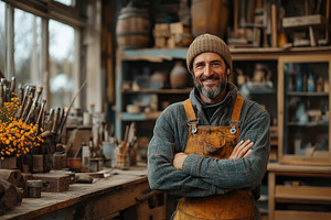 Skilled craftsman in a rustic worksh, a Photo by Tanuart