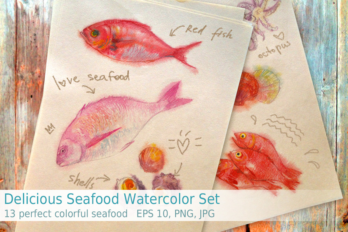 Delicious Seafood Watercolor Set, a Food Illustration by Anastasia