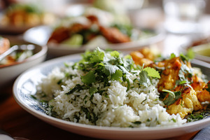 Plate of aromatic basmati rice with, a Food & Drink Photo by MistyDay