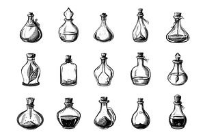 Diverse Magic Potion Bottles etching, a Food Illustration by LadadikArt
