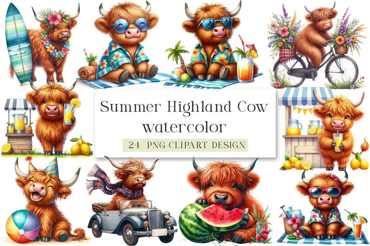 Summer Highland Cow Clipart, a Seasonal Illustration by DreamArtGraphic (Photo 1 of 4)