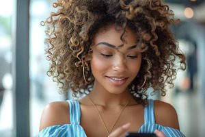 Smiling young Black woman with curly hair, engaging with her sma, a Person Photo by ImageMir