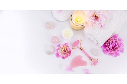 Pink flowers on white background spa, a Beauty & Fashion Photo by yanadjana