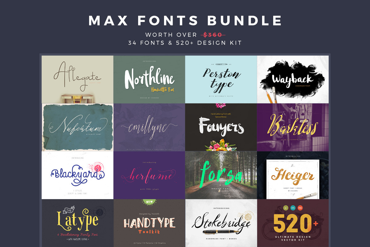 Max Bundle (34 Fonts + 520 Vector) preview 2