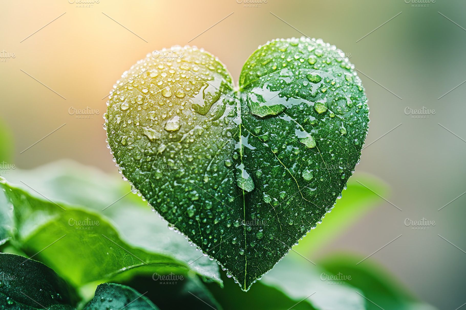 Raindrops on green leaves in shape of love heart in the morning, a Nature Photo by AlyaAnd