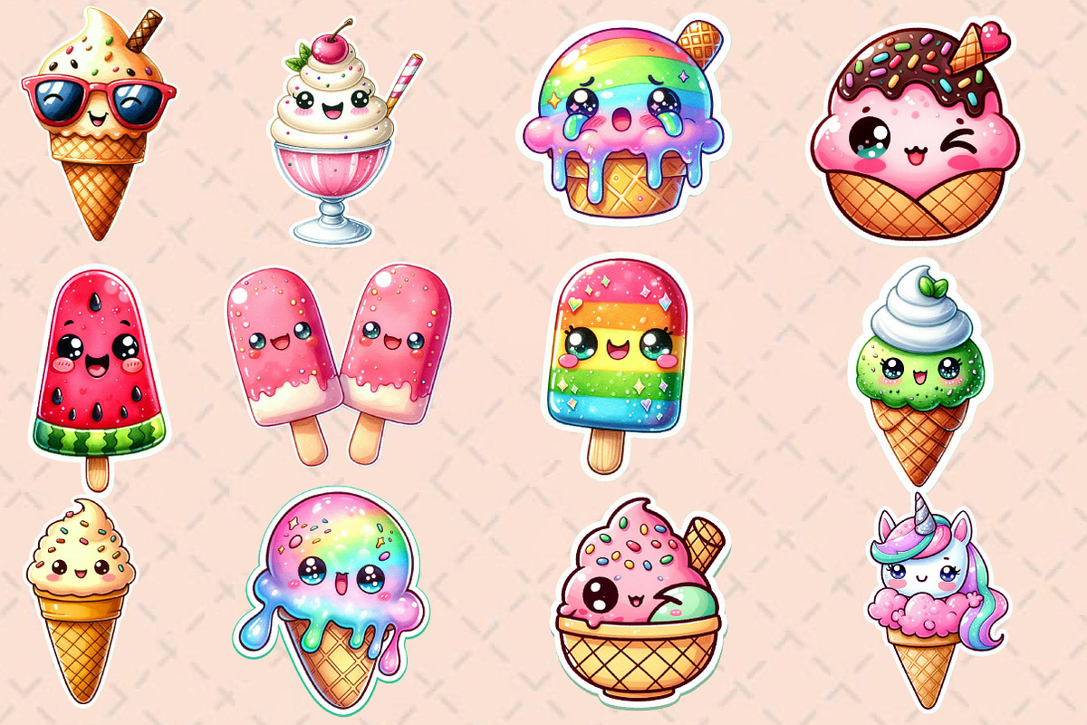 Kawaii Ice Cream Clipart Bundle, an Illustration by Designworld (Photo 2 of 5)