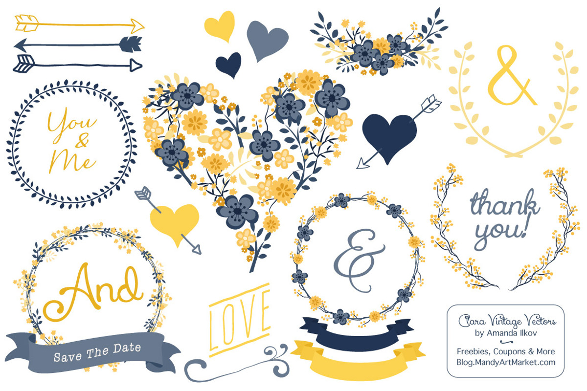 Navy & Yellow Floral Heart Clipart, an Illustration by Amanda Ilkov (Photo 1 of 4)