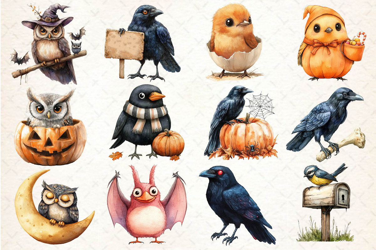 Watercolor Halloween Birds Clipart, an Illustration by Dream Creation (Photo 3 of 5)