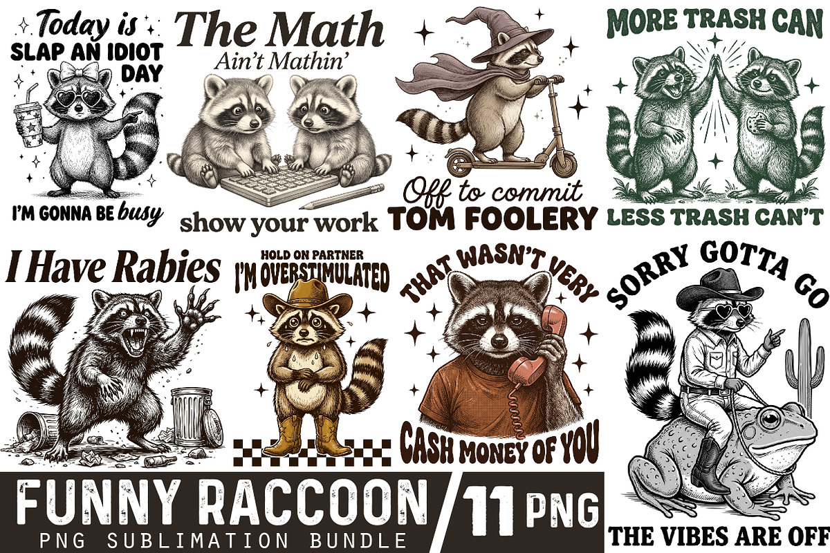 Funny Raccoon PNG Sublimation Bundle, an Object Illustration by Sublimation Artist (Photo 1 of 23)