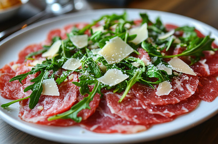 Beef carpaccio topped with fresh arugula and cheese in a stylish dining setting, a Food & Drink Photo by AlyaAnd