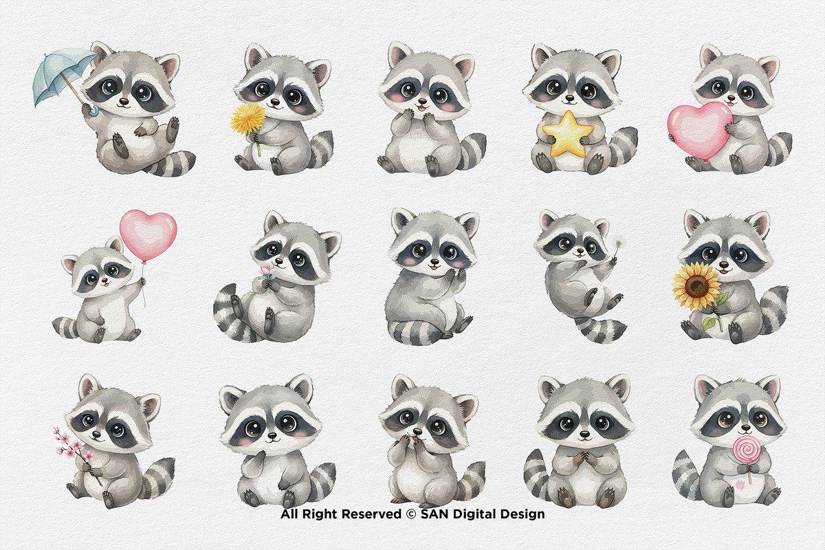 15 Bundle Watercolor Baby Raccoon, an Animal Illustration by Morspective (Photo 8 of 8)